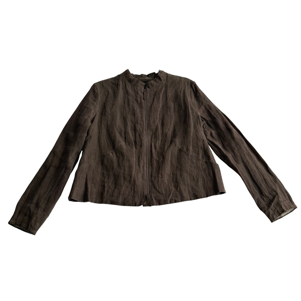 Annette Gortz Waxed Linen Slash Pocket Zip Front Olive Brown Collarless Jacket M